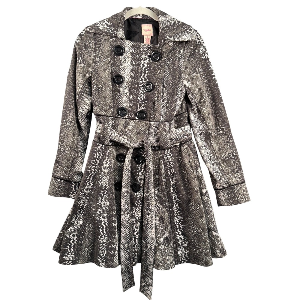 Candies Womens Small Snakeskin Print Double Breasted Belted Trench Coat Grey Y2K